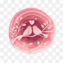 粉色爱情鸟剪纸插画-空若网 粉色爱情鸟剪纸插画-空若网