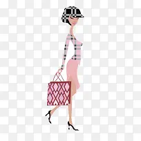 矢量手绘时尚格子帽红裙女郎画像-空若网 矢量手绘时尚格子帽红裙女郎画像-空若网