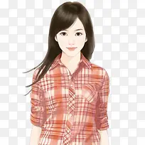 方格橙色衬衫美女手绘-空若网 方格橙色衬衫美女手绘-空若网