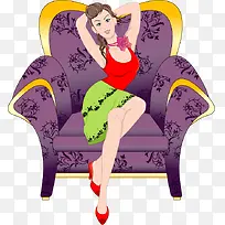 手绘坐在沙发中的美女矢量图-空若网 手绘坐在沙发中的美女矢量图-空若网