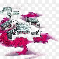 房屋树粉色草-空若网 房屋树粉色草-空若网