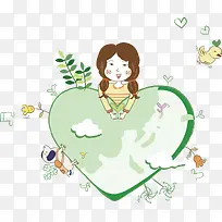 矢量绿色爱心与女孩-空若网 矢量绿色爱心与女孩-空若网
