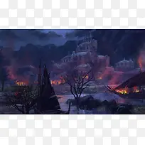 燃烧的城市夜景插画-空若网 燃烧的城市夜景插画-空若网