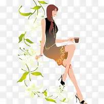 坐着喝咖啡的美女矢量插画-空若网 坐着喝咖啡的美女矢量插画-空若网
