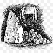 奶酪红酒素描插画-空若网 奶酪红酒素描插画-空若网