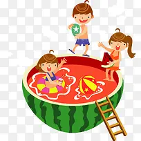 西瓜上面游泳的卡通人物-空若网 西瓜上面游泳的卡通人物-空若网