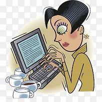 卡通插图边喝咖啡边工作的女士-空若网 卡通插图边喝咖啡边工作的女士-空若网