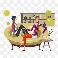 坐在沙发上聊天喝酒的时尚女孩-空若网 坐在沙发上聊天喝酒的时尚女孩-空若网