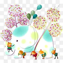 卡通小孩与大象-空若网 卡通小孩与大象-空若网