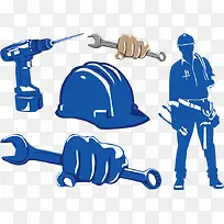 蓝色手绘工人剪影-空若网 蓝色手绘工人剪影-空若网