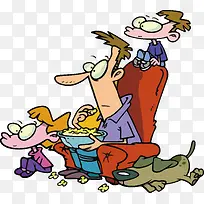 卡通一家人看电视插画矢量-空若网 卡通一家人看电视插画矢量-空若网