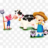 奶牛与卡通小女孩-空若网 奶牛与卡通小女孩-空若网