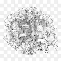 黑白圆形花圈插画-空若网 黑白圆形花圈插画-空若网