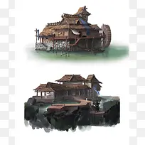 村庄水车民宅插画-空若网 村庄水车民宅插画-空若网