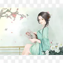 古风温柔美女手绘插画-空若网 古风温柔美女手绘插画-空若网