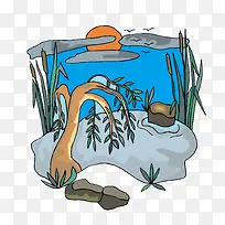 低垂的树木太阳湖边插画矢量-空若网 低垂的树木太阳湖边插画矢量-空若网