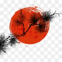 红色水墨上的松树枝-空若网 红色水墨上的松树枝-空若网