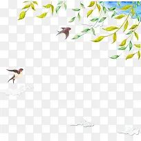 水彩蓝天白云下的燕子树枝背景-空若网 水彩蓝天白云下的燕子树枝背景-空若网