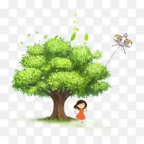 手绘卡通树木下小女孩-空若网 手绘卡通树木下小女孩-空若网