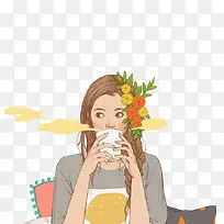喝咖啡的女孩插画素材-空若网 喝咖啡的女孩插画素材-空若网