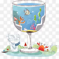 矢量奇幻插画水杯与海洋-空若网 矢量奇幻插画水杯与海洋-空若网