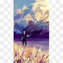 男孩大风蓝色插画-空若网 男孩大风蓝色插画-空若网