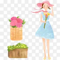 水彩少女花篮矢量图-空若网 水彩少女花篮矢量图-空若网