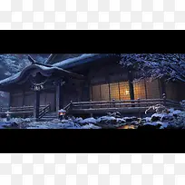 雪后的夜晚房屋树枝-空若网 雪后的夜晚房屋树枝-空若网