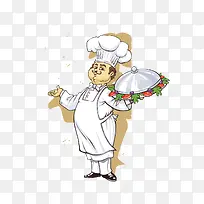 手绘卡通厨师端菜-空若网 手绘卡通厨师端菜-空若网
