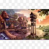 卡通手绘古城绿树-空若网 卡通手绘古城绿树-空若网