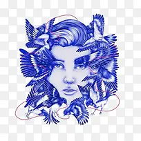 蓝色飞鸟人头像插画-空若网 蓝色飞鸟人头像插画-空若网