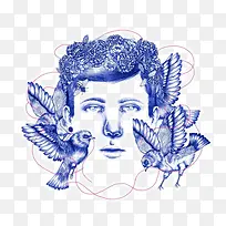 创意男子头像飞鸟插画-空若网 创意男子头像飞鸟插画-空若网