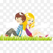 卡通时尚男女坐着草地上矢量图-空若网 卡通时尚男女坐着草地上矢量图-空若网