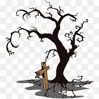 诡异死树下十字坟墓矢量-空若网 诡异死树下十字坟墓矢量-空若网