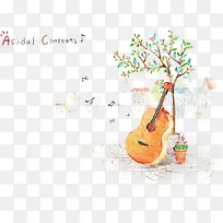 吉他和水彩盆栽-空若网 吉他和水彩盆栽-空若网