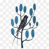 蓝色系鸟落枝头插画-空若网 蓝色系鸟落枝头插画-空若网