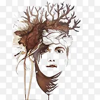 手绘美女头上长树枝的人-空若网 手绘美女头上长树枝的人-空若网