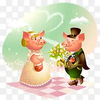 卡通风格可爱猪猪和仙鹤情侣矢量-空若网 卡通风格可爱猪猪和仙鹤情侣矢量-空若网