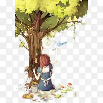 矢量树下的女孩-空若网 矢量树下的女孩-空若网