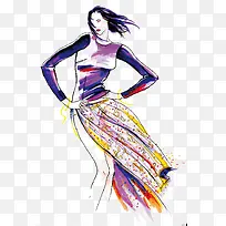 矢量水彩长裙手绘卡通美女-空若网 矢量水彩长裙手绘卡通美女-空若网