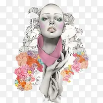 彩色水彩光头美女-空若网 彩色水彩光头美女-空若网