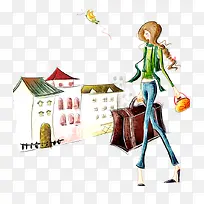 水彩画女性提行李箱素材-空若网 水彩画女性提行李箱素材-空若网