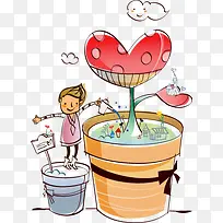 手绘开心浇灌爱心植物-空若网 手绘开心浇灌爱心植物-空若网