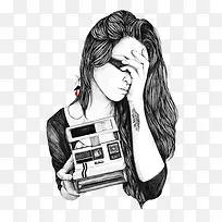 黑白女生照相插画-空若网 黑白女生照相插画-空若网