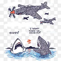 矢量卡通飞机和鲨鱼-空若网 矢量卡通飞机和鲨鱼-空若网