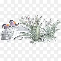 古风彩绘绿草岩石小鸟-空若网 古风彩绘绿草岩石小鸟-空若网