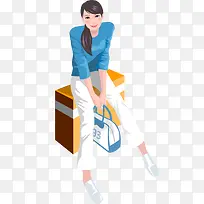 坐箱子上的蓝衣姑娘矢量素材-空若网 坐箱子上的蓝衣姑娘矢量素材-空若网