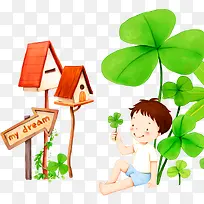 男孩拿着四叶草-空若网 男孩拿着四叶草-空若网