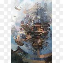 动漫插画天空古城-空若网 动漫插画天空古城-空若网