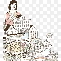 手绘卡通餐具房屋人物-空若网 手绘卡通餐具房屋人物-空若网